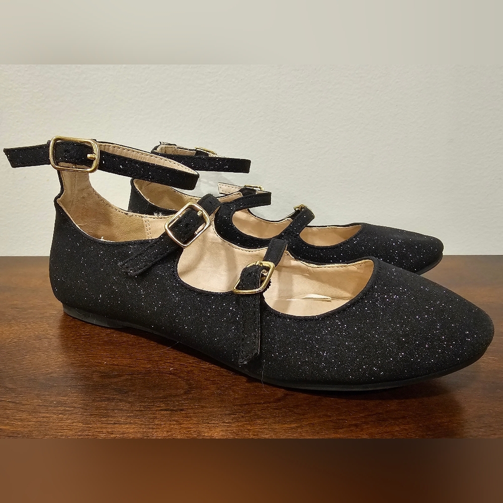 Girls Black Glitter Mary Jane Flats Size 13